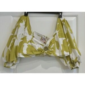 Future Collective Womens Cropped Puff Sleeve Top Green Tropical Print Size XXL